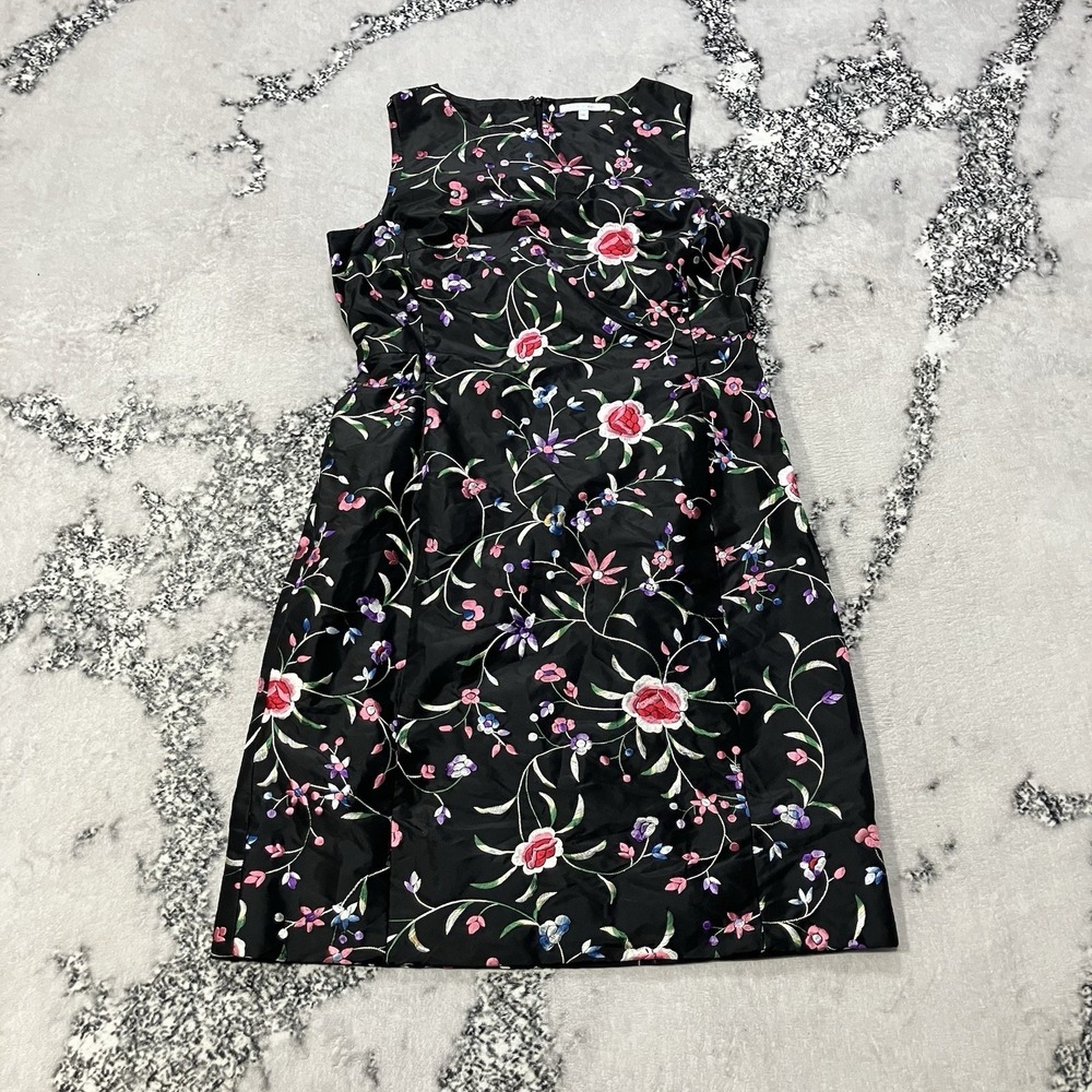 Fiori di Zucca 100% Silk Floral Embroidered Shift Dress Black Womens Sz 12 Italy